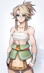 Rule 34 | 1girl, absurdres, blonde hair, blue eyes, breasts, chest sarashi, collarbone, commentary, cowboy shot, english commentary, eyes visible through hair, genderswap, genderswap (mtf), hair between eyes, highres, link, looking at viewer, medium breasts, muscular, muscular female, nintendo, nsfwolf, pointy ears, ponytail, sarashi, simple background, solo, the legend of zelda