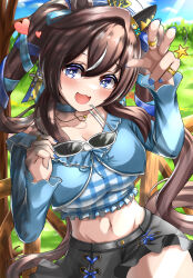Rule 34 | 1girl, :3, absurdres, animal ears, black skirt, blue eyes, blue sky, breasts, brown hair, commentary request, cowboy shot, cropped shirt, ear covers, frilled skirt, frills, grass, hair between eyes, haruun520, heart, highres, horse ears, horse girl, horse tail, jewelry, long hair, long sleeves, looking at viewer, midriff, mole, mole under eye, multicolored hair, navel, necklace, open mouth, outdoors, petticoat, plaid, plaid shirt, shirt, single ear cover, skirt, sky, small breasts, smile, solo, streaked hair, tail, twintails, umamusume, very long hair, vivlos (umamusume), white hair, white headwear