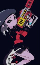 1girl beret black_background black_shorts black_sweater blending closed_mouth commentary earrings foot_out_of_frame grey_eyes grey_hair grey_hat hat holding holding_weapon imaikuy0 jewelry long_sleeves looking_at_viewer nintendo octoling octoling_girl octoling_player_character rapid_blaster_pro_(splatoon) red_sweater shoes short_hair shorts solo splatoon_(series) striped_clothes striped_sweater stud_earrings sweater tentacle_hair two-tone_sweater weapon white_shoes