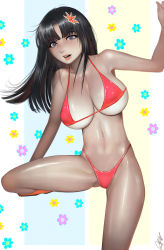 Rule 34 | 1girl, bikini, black hair, blue eyes, breasts, hair ornament, highres, large breasts, long hair, navel, open mouth, original, randy (awesomevillage), red bikini, solo, standing, standing on one leg, swimsuit, tan