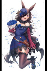 Rule 34 | 1girl, absurdres, animal ears, bare shoulders, black collar, black footwear, black tail, blush, bouquet, breasts, brown hair, brown tail, brown thighhighs, collar, commentary request, dagger, dress, flower, full body, fur collar, hair over one eye, hat, highres, holding, holding bouquet, horse ears, horse girl, horse tail, inui (inuiw ), knee up, knife, long hair, long sleeves, off shoulder, one eye covered, open mouth, pantyhose, pink sleeves, purple dress, purple eyes, purple flower, purple hat, purple rose, reaching, reaching towards viewer, rice shower (umamusume), rose, sheath, sheathed, shoes, simple background, small breasts, smile, solo, tail, thighhighs, tilted headwear, umamusume, weapon, white background