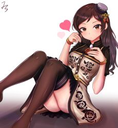 Rule 34 | 1girl, :/, absurdres, beige dress, breasts, brooch, brown eyes, brown hair, brown legwear, brown sleeves, brown theme, closed mouth, collared dress, dress, floral print, frilled dress, frills, twirling hair, hands up, heart, highres, idolmaster, idolmaster million live!, idolmaster million live! theater days, jewelry, jungtong, kitazawa shiho, long hair, looking at viewer, medium breasts, no shoes, print dress, puffy short sleeves, puffy sleeves, short sleeves, simple background, sitting, solo, upskirt, wavy hair, white background
