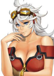 Rule 34 | 1girl, ahoge, bare shoulders, blue eyes, breasts, cleavage, closed mouth, commentary request, goggles, goggles on head, kuroi ani, large breasts, long hair, looking at viewer, project x zone, project x zone 2, simple background, solo, urashima chizuru, white background, white hair