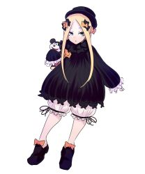 Rule 34 | 1girl, abigail williams (fate), black bow, black dress, black footwear, black hat, black ribbon, blonde hair, bloomers, blue eyes, bow, disney, dress, eyebrows, fate/grand order, fate (series), frilled sleeves, frills, full body, hair bow, haseru (ginku mh), hat, holding, holding stuffed toy, legs apart, long hair, long sleeves, looking at viewer, mickey mouse, orange bow, parted bangs, ribbon, shoes, simple background, sleeves past wrists, solo, straight hair, stuffed animal, stuffed toy, top hat, underwear, white background, white bloomers