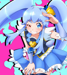 Rule 34 | 10s, 1girl, blue bow, blue eyes, blue hair, blue necktie, blue skirt, blush, bow, brooch, cowboy shot, crown, cure princess, don (748826), earrings, grin, hair bow, happinesscharge precure!, heart, heart background, heart brooch, jewelry, leaning forward, long hair, looking at viewer, magical girl, matching hair/eyes, mini crown, necktie, one eye closed, pink background, precure, shirayuki hime, sidelocks, skirt, smile, solo, thighhighs, twintails, wrist cuffs