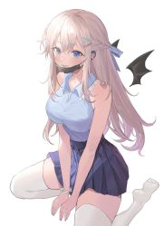 Rule 34 | 1girl, bad id, bad twitter id, blonde hair, blue eyes, blue shirt, blue skirt, bracelet, braid, breasts, crown braid, fang, hair ornament, hairclip, highres, jewelry, long hair, looking at viewer, mask, medium breasts, nijisanji, nijisanji kr, open mouth, roti, shirt, shirt tucked in, simple background, skindentation, skirt, sleeveless, sleeveless shirt, smile, so nagi, soles, solo, thighhighs, vampire (vocaloid), virtual youtuber, vocaloid, white thighhighs