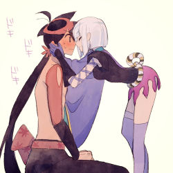 Rule 34 | 1boy, 1girl, ahoge, asymmetrical clothes, bent over, blush, breasts, brown hair, closed eyes, detached sleeves, from side, hands on another&#039;s face, hetero, imminent kiss, katanagatari, long hair, lowres, medium breasts, nigatsumikka, ponytail, seiza, simple background, sitting, standing, sweatdrop, togame, topless male, very long hair, white background, white hair, yasuri shichika