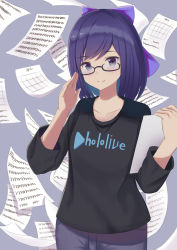 Rule 34 | 1girl, a-chan (hololive), black-framed eyewear, black shirt, bow, closed mouth, clothes writing, collarbone, commentary request, copyright name, glasses, grey background, grey eyes, grey pants, hair bow, hand up, highres, holding, hololive, long sleeves, looking at viewer, natsuki (natukituki), pants, paper, purple bow, purple hair, semi-rimless eyewear, shirt, smile, solo, under-rim eyewear, virtual youtuber