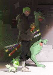 Rule 34 | 1boy, 2others, absurdres, character name, commentary, creatures (company), crossover, earrings, english text, eyes visible through eyewear, from side, full body, game freak, gen 3 pokemon, graffiti, green hair, hands in pockets, highres, holding, holding sword, holding weapon, jewelry, long sleeves, looking back, male focus, moewndr, monkey d. luffy, multiple others, nico robin, nintendo, one piece, orange-tinted eyewear, pokemon, pokemon (creature), poster (object), roronoa zoro, sceptile, sheath, short hair, sprigatito, standing, sword, tinted eyewear, trafalgar law, wanted, weapon, white footwear