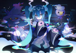 Rule 34 | 1girl, absurdres, aqua hair, creatures (company), detached sleeves, drifloon, dusk ball, fire, game freak, gen 4 pokemon, gen 5 pokemon, ghost, ghost miku (project voltage), glitch, grey shirt, hair between eyes, hatsune miku, highres, kanvien, litwick, long hair, looking at viewer, mismagius, nintendo, pale skin, poke ball, pokemon, pokemon (creature), project voltage, see-through, see-through skirt, shirt, skirt, sleeves past fingers, sleeves past wrists, twintails, very long hair, vocaloid, will-o&#039;-the-wisp (mythology), yellow eyes