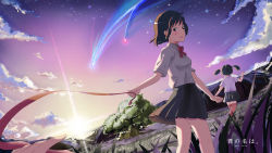 Rule 34 | 10s, 2girls, blush, bow, bowtie, brown eyes, brown hair, cloud, copyright name, diffraction spikes, edogawakid, grass, highres, kimi no na wa., looking at viewer, miyamizu mitsuha, multiple girls, pleated skirt, pov, pov hands, red bow, red bowtie, school uniform, short hair, short sleeves, skirt, sky, tears, tree, twintails