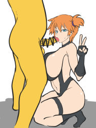 Rule 34 | 1girl, aqua eyes, ass, asymmetrical hair, bar censor, bare legs, breasts, censored, cowboy shot, creatures (company), dd (giogio99), fellatio, game freak, gen 1 pokemon, gloves, gym leader, heart, highres, huge breasts, hypno, legs, misty (pokemon), navel, nintendo, nipples, one-piece swimsuit, open mouth, oral, orange hair, penis, pokemon, pokemon: the electric tale of pikachu, pokemon (creature), short hair, side ponytail, simple background, swimsuit, thighs, v, white background