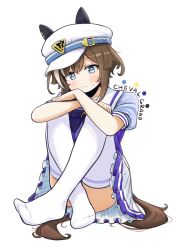 Rule 34 | 1girl, :&lt;, animal ears, arms on knees, blue eyes, blush, bow, bowtie, brown hair, character name, cheval grand (umamusume), color guide, crossed arms, crossed legs, ear covers, english text, full body, hat, hat belt, highres, horse ears, horse girl, horse tail, knees up, looking at viewer, multicolored hair, no shoes, peaked cap, pleated skirt, puffy short sleeves, puffy sleeves, purple bow, purple bowtie, purple serafuku, sailor collar, school uniform, serafuku, setone, short hair, short sleeves, simple background, sitting, skirt, solo, streaked hair, sweatdrop, tail, thighhighs, tracen school uniform, umamusume, white background, white hair, white sailor collar, white thighhighs