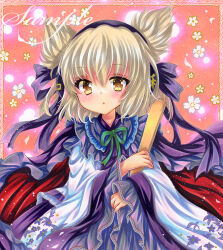 Rule 34 | 1girl, adapted costume, blonde hair, cape, earmuffs, floral background, floral print, flower, green ribbon, hair ribbon, holding, holding baton, long sleeves, looking at viewer, marker (medium), medium hair, neck ribbon, parted lips, pointy hair, purple cape, purple ribbon, red cape, ribbon, ritual baton, rui (sugar3), sample watermark, shirt, solo, touhou, toyosatomimi no miko, traditional media, two-sided cape, two-sided fabric, upper body, watermark, white flower, white shirt, wide sleeves, yellow eyes
