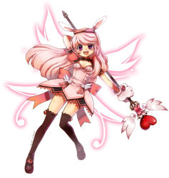 Rule 34 | 1girl, aisha landar, alternate hair color, alternate hairstyle, animal ears, bad id, bad pixiv id, black thighhighs, boots, bow, elsword, full body, gloves, hair bow, limble, long hair, pink hair, purple eyes, rabbit ears, skirt, smile, solo, thigh boots, thighhighs, white background, wings