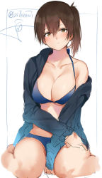 Rule 34 | 10s, 1girl, between legs, bikini, blue bikini, blue jacket, blush, breasts, brown eyes, brown hair, cleavage, collarbone, hair between eyes, hand between legs, hand on own thigh, highres, isshiki (ffmania7), jacket, kaga (kancolle), kantai collection, large breasts, looking at viewer, off shoulder, open clothes, open jacket, seiza, short hair, side ponytail, signature, simple background, sitting, sketch, solo, swimsuit, thighs, twitter username, white background