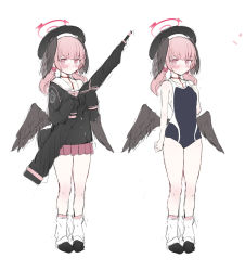 Rule 34 | 1girl, beret, black headwear, black shirt, black wings, blue archive, bolt action, choker, competition swimsuit, dot mouth, feathered wings, full body, gulp5959, gun, halo, hat, head wings, koharu (blue archive), loafers, loose socks, low twintails, low wings, miniskirt, multiple views, one-piece swimsuit, p14 enfield, pink eyes, pink hair, rifle, sailor collar, shirt, shoes, simple background, sketch, skirt, sleeves past fingers, sleeves past wrists, smile, socks, swimsuit, twintails, weapon, white background, white sailor collar, wings