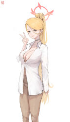 Rule 34 | 1girl, alternate costume, blonde hair, blue archive, blue eyes, blush, breasts, brown pants, cleavage, halo, highres, large breasts, long hair, looking at viewer, numb3r 3, pants, pina (blue archive), ponytail, simple background, smile, solo, v, very long hair, white background