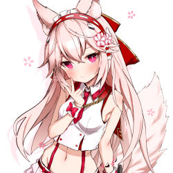 Rule 34 | 1girl, animal ear fluff, animal ears, armpit crease, bare arms, bare shoulders, breasts, bright pupils, closed mouth, collared shirt, crop top, fox ears, fox girl, fox tail, groin, hair ornament, hairband, hand up, highres, long hair, looking at viewer, midriff, navel, necktie, pink eyes, pink hair, shirt, short necktie, simple background, sleeveless, sleeveless shirt, small breasts, solo, stomach, suspenders, tail, tail raised, takanashi kei (hitsujikan), upper body, v, vrchat, white background, white shirt, wrist cuffs