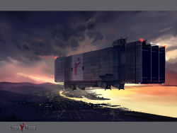 Rule 34 | aircraft, airship, arc the lad, cityscape, dirigible, letterboxed, no humans, scenery, seo tatsuya, vehicle focus