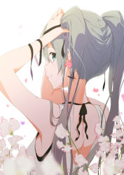 Rule 34 | 1girl, absurdres, arms up, black ribbon, blue eyes, blue hair, closed mouth, commentary request, earrings, falling petals, flower, flower earrings, from behind, hatsune miku, highres, jewelry, long hair, looking at viewer, looking back, petals, pink flower, pre sktch, profile, ribbon, shoulder blades, simple background, smile, solo, tank top, twintails, tying hair, upper body, vocaloid, white background, white flower, white tank top