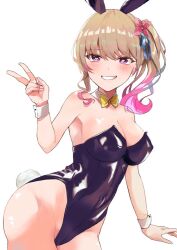 Rule 34 | 1girl, animal ears, black leotard, blonde hair, bow, bowtie, breasts, bunny garden, detached collar, fake animal ears, flower, gradient hair, grin, hair flower, hair ornament, heart, heart-shaped pupils, leotard, looking at viewer, mame (popsoda), medium breasts, multicolored hair, pink hair, playboy bunny, rabbit ears, rabbit tail, rin (bunny garden), side ponytail, simple background, smile, solo, strapless, strapless leotard, symbol-shaped pupils, tail, v, white background, wrist cuffs, yellow bow, yellow bowtie