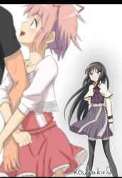 Rule 34 | 1boy, 2girls, akemi homura, alternate costume, arm hug, artist name, artist request, black hair, black thighhighs, blush, bow, closed mouth, couple, grey background, hairband, happy, hetero, highres, kaname madoka, long hair, long skirt, long sleeves, looking at another, mahou shoujo madoka magica, medium hair, multiple girls, netorare, open mouth, pink eyes, pink hair, purple eyes, red hairband, red ribbon, ribbon, skirt, smile, thighhighs, twintails, very long hair, white bow, wide-eyed