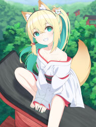 Rule 34 | 1girl, alternate costume, alternate hair length, alternate hairstyle, amano pikamee, animal ear fluff, animal ears, bare shoulders, barefoot, bell, blurry, blurry background, clenched teeth, commentary, english commentary, forest, fox ears, fox mask, fox tail, green eyes, green nails, hair bell, hair between eyes, hair ornament, high ponytail, highres, japanese clothes, jingle bell, kimono, long sleeves, looking at viewer, mask, nature, off shoulder, outdoors, sash, sitting, sleeves past wrists, smile, solo, tail, teeth, toes, torii, ugaaaa1, virtual youtuber, voms, white kimono