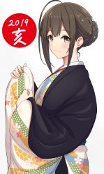 Rule 34 | 1girl, 2019, ahoge, blush, braid, braided bun, brown eyes, brown hair, closed mouth, commentary request, from side, hair bun, hair ornament, hands up, highres, idolmaster, idolmaster shiny colors, japanese clothes, kimono, kuwayama chiyuki, long hair, long sleeves, looking at viewer, pinching sleeves, print kimono, sidelocks, simple background, single hair bun, sleeves past wrists, smile, solo, sukebewe, upper body, white background, white kimono, wide sleeves