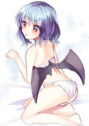 Rule 34 | &gt;:p, 1girl, :p, ass, back, barefoot, bat wings, blue hair, blush, bra, cinderella bust, floral background, lingerie, looking at viewer, looking back, morinaga kobato, no headwear, panties, red eyes, remilia scarlet, short hair, simple background, smile, solo, tongue, tongue out, touhou, underwear, underwear only, v-shaped eyebrows, wings