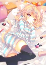 Rule 34 | 1girl, animal ear fluff, animal ears, bed, black thighhighs, blonde hair, cat ears, cat girl, cat tail, cosmetics, female focus, hair ornament, hairclip, hood, hoodie, long hair, looking at viewer, lying, makeup, nail polish, on side, original, p19, pillow, shorts, silver hair, solo, striped clothes, striped hoodie, striped shorts, tail, thighhighs, virtual youtuber, x hair ornament, zettai ryouiki