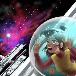 Rule 34 | 1girl, aqua eyes, blush, brown hair, chutohampa, hands up, medium hair, open mouth, original, reflection, sky, solo, space, space station, star (sky), starry sky, upper body