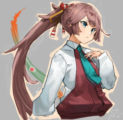 Rule 34 | 1girl, brown hair, closed mouth, cropped torso, dress, grey background, hair ribbon, hand on own chest, highres, kantai collection, kazagumo (kancolle), long hair, long sleeves, necktie, outline, ponytail, red dress, ribbon, shirt, signature, simple background, solo, sunday aki, upper body, very long hair, white shirt
