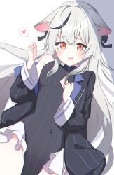 Rule 34 | 1girl, animal ears, black coat, black dress, black hair, blue archive, blush, clothing cutout, coat, cowboy shot, dress, foulo paints, grey hair, heart, highres, kokona (blue archive), long hair, long sleeves, looking at viewer, multicolored hair, open mouth, orange eyes, solo, spoken heart, streaked hair, striped clothes, striped dress, tiger ears, vertical-striped clothes, vertical-striped dress