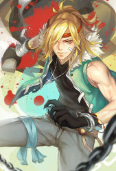 Rule 34 | 1boy, bandana, black gloves, blonde hair, brick, cross, cross necklace, dywx poison, gloves, hair over one eye, jewelry, looking at viewer, male focus, necklace, ponytail, quan zhi gao shou, short hair, smile, solo, steam bun (quan zhi gao shou), vest, yellow eyes