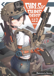 Rule 34 | 1girl, assault rifle, brown hair, bullet, choker, commentary request, ear piercing, earrings, giving, glock, gloves, gun, handgun, helmet, highres, holding, holding gun, holding weapon, jewelry, load bearing vest, long hair, looking at viewer, magazine (weapon), original, pantyhose, piercing, prosthesis, prosthetic arm, qr code, rifle, samaru (seiga), shirt, shorts, shotgun, shotgun shell, single glove, solo, t-shirt, weapon, weapon request, yellow eyes