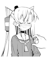 Rule 34 | 1girl, 1other, amatsukaze (kancolle), anger vein, ataru (ataru-littlebird), choker, commentary request, dress, closed eyes, greyscale, hair tubes, hat, highres, kantai collection, lifebuoy ornament, mini hat, monochrome, sailor collar, sailor dress, smokestack hair ornament, two side up, upper body