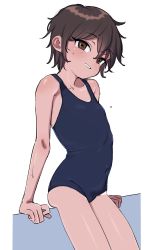 Rule 34 | 1girl, blue one-piece swimsuit, blush, bouen, brown eyes, brown hair, commentary request, covered navel, flat chest, highres, leaning on object, looking at viewer, one-piece swimsuit, original, parted lips, short hair, simple background, solo, sweat, swimsuit, tan, tanline