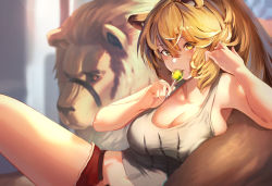 Rule 34 | 1girl, animal ear fluff, animal ears, arknights, bare shoulders, blush, breasts, brown hair, candy, cleavage, collarbone, commentary request, cutoffs, food, fur-trimmed shorts, fur trim, hair between eyes, hands up, highres, holding, holding candy, holding food, holding lollipop, large breasts, lion, lion ears, lion girl, lollipop, long hair, looking at viewer, okoru ringo, open fly, red shorts, shorts, sidelocks, siege (arknights), sitting, smile, solo, tank top, unzipped, white tank top