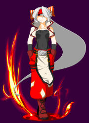 Rule 34 | 1girl, amber manzyu, arc system works, cosplay, crossover, fire, fujiwara no mokou, guilty gear, hair over one eye, headband, power connection, sol badguy, sol badguy (cosplay), solo, touhou