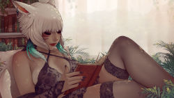 Rule 34 | 1girl, animal ears, babydoll, book, bookshelf, breasts, cat ears, cat tail, closed eyes, closed mouth, commentary, crossed legs, dark-skinned female, dark skin, detached sleeves, earrings, english commentary, eyeshadow, facial mark, feather hair ornament, feathers, final fantasy, final fantasy xiv, hair ornament, highres, indoors, jewelry, lips, lying, makeup, medium breasts, miqo&#039;te, nail polish, neck tattoo, open book, reading, see-through, short hair, shorts, solo, soranamae, tail, tattoo, thighhighs, whisker markings, white hair, y&#039;shtola rhul