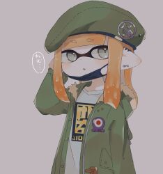 Rule 34 | 1girl, absurdres, beret, commentary request, eyebrows hidden by hair, green hat, green jacket, grey background, grey eyes, hat, highres, inkling, inkling girl, inkling player character, jacket, koke (banburu be x), long hair, mask, mouth mask, nintendo, open clothes, open jacket, open mouth, orange hair, pointy ears, print shirt, shirt, simple background, solo, speech bubble, splatoon (series), standing, tentacle hair, translation request, white shirt