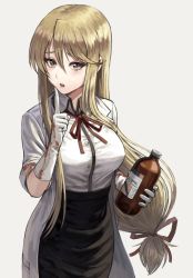 Rule 34 | 1girl, black skirt, blonde hair, bottle, breasts, brown eyes, collared shirt, commentary request, cowboy shot, fagi (kakikaki), finger to mouth, gloves, grey background, hair between eyes, highschool of the dead, holding, holding bottle, lab coat, large breasts, long hair, looking at viewer, low-tied long hair, marikawa shizuka, medium breasts, neck ribbon, open mouth, pencil skirt, red ribbon, revision, ribbon, shirt, simple background, skirt, smile, solo, teeth, upper teeth only, white gloves