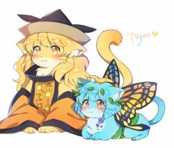 Rule 34 | :3, animal, animal focus, animalization, black hat, butterfly wings, cat, closed mouth, clothed animal, eternity larva, full body, hat, insect wings, kaoling, lead, matara okina, multicolored wings, navel, no humans, red eyes, simple background, smile, tabard, touhou, whiskers, white background, wings, yellow eyes