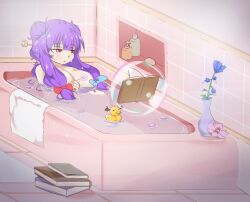 Rule 34 | 1girl, :&lt;, bathing, bathroom, bathtub, blue bow, blunt bangs, book, book stack, bow, breasts, cherry blossoms, closed mouth, commentary, crescent, crescent hair ornament, double bun, flower, hair bow, hair bun, hair ornament, head wings, jungleboyayaya, large breasts, light blush, long hair, magic, magic circle, messy hair, no headwear, partially submerged, patchouli knowledge, petals, pink eyes, plant, pointing, potted plant, purple hair, reading, red bow, rubber duck, soap bottle, soap bubbles, solo, touhou, towel, turning page, vase, water, wet, wings