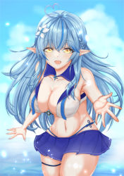Rule 34 | 1girl, ahoge, armpits, bare shoulders, beach, blue hair, blue nails, blue skirt, blurry, blurry background, braid, breasts, cleavage, closed eyes, cloud, collarbone, dark blue hair, detached collar, flower, frilled skirt, frills, hair between eyes, hair flower, hair ornament, half updo, heart, heart ahoge, hololive, large breasts, long hair, looking at viewer, midriff, multicolored hair, nail polish, navel, o-ring, o-ring top, pointy ears, sailor bikini, sailor collar, sand, scarlet mirin, sidelocks, skirt, sky, solo, standing, streaked hair, swimsuit, thigh strap, thighs, two-tone hair, virtual youtuber, water, yellow eyes, yukihana lamy