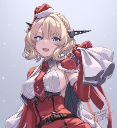 Rule 34 | 1girl, adapted costume, belt, blonde hair, blue eyes, blush, braid, breasts, brown belt, capelet, christmas, colorado (kancolle), commentary request, dress, elbow gloves, french braid, gloves, hat, headgear, kantai collection, looking at viewer, medium breasts, medium hair, open mouth, outdoors, red dress, red gloves, rokuwata tomoe, sack, santa hat, sideboob, snow, solo, twitter username