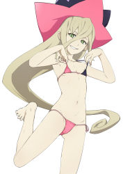 Rule 34 | 1girl, bikini, black bikini, blonde hair, commentary request, flat chest, green eyes, hat, highres, long hair, looking at viewer, magilou (tales), micro bikini, multicolored bikini, multicolored clothes, nanina (nijnan), navel, pink bikini, side-tie bikini bottom, smile, solo, swimsuit, tales of (series), tales of berseria, very long hair, white background, witch hat