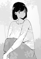 Rule 34 | 1girl, black hair, breasts, dappled sunlight, grey skirt, greyscale, highres, ibnu rusydi, large breasts, long sleeves, looking at viewer, mba din, monochrome, original, shadow, shirt, short hair, sitting, skirt, smile, solo, sunlight, tree, white shirt