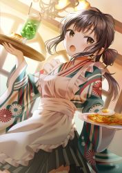 Rule 34 | 1girl, apron, black hair, blush, breasts, brown eyes, commentary request, dutch angle, egg (food), fang, floral print, food, fried egg, frilled apron, frills, green kimono, green skirt, hair bun, highres, holding, holding plate, holding tray, indoors, japanese clothes, kimono, long hair, looking at viewer, maid, maid headdress, melon soda, open mouth, original, plate, pleated skirt, print kimono, pudding, single hair bun, skirt, small breasts, solo, tray, wa maid, white apron, yuusa